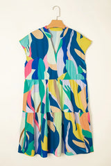 Abstract Print Cap Sleeve Pocketed Mini Dress OutfitFlow