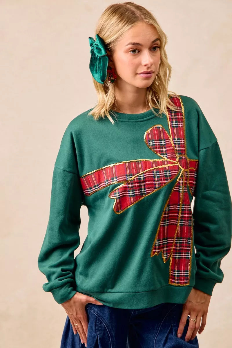 BiBi Plaid Ribbon Bow Detail Christmas Fleece Pullover OutfitFlow