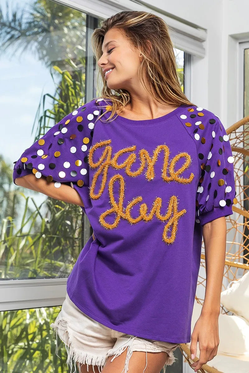 BiBi Game Day Metallic Letter Spangle Sleeve Top OutfitFlow