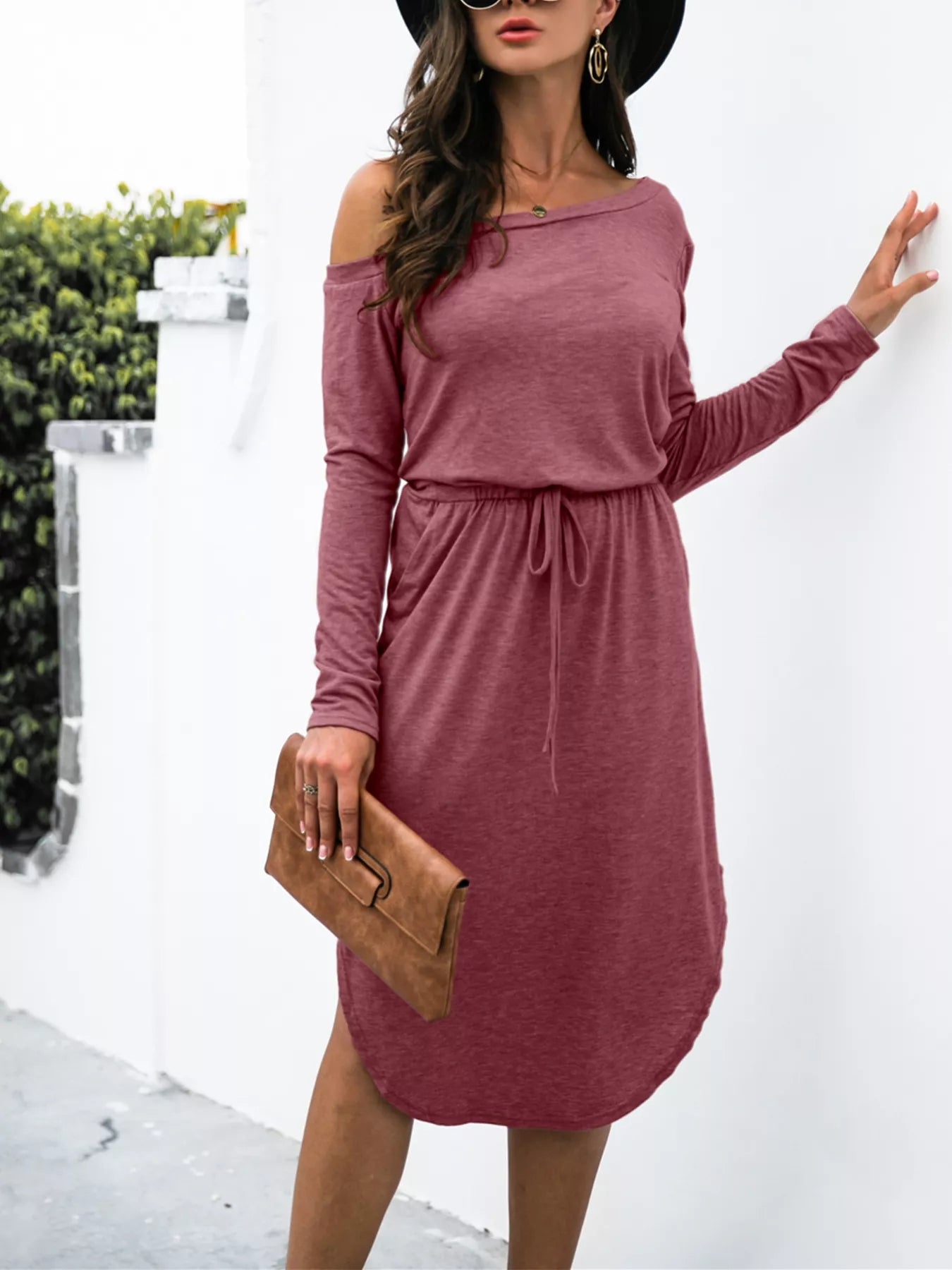 One-Shoulder Long Sleeve Midi Dress with Drawstring Waist OutfitFlow