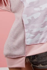 BiBi Camo Printed French Terry Knit Color Block Top OutfitFlow