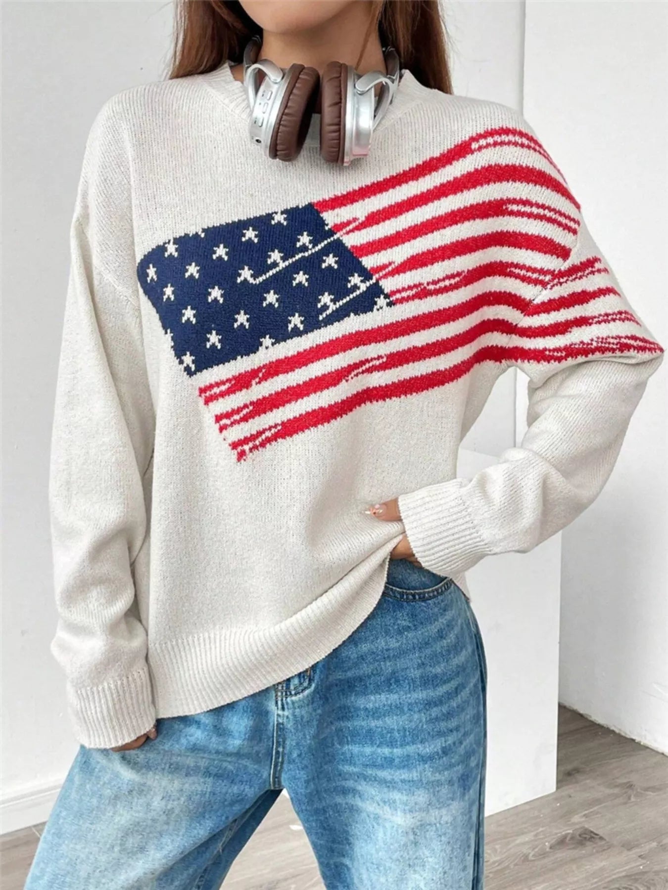 US Flag Round Neck Long Sleeve Sweater OutfitFlow