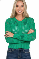 Zenana Button Down Lightweight Crochet Cardigan Sweater Trendsi