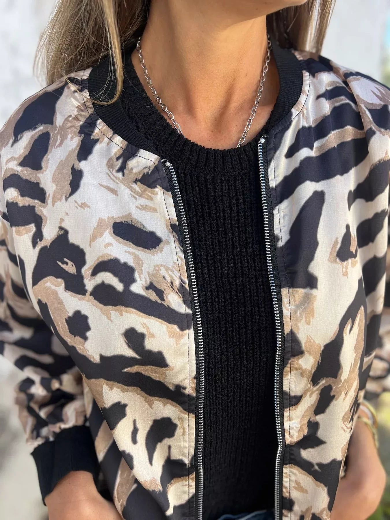 Full Size Zip Up Zebra Print Bomber Jacket Plus Size OutfitFlow