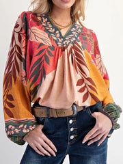 Tropical Print Balloon Sleeve Blouse Yellow OutfitFlow