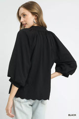 Umgee Full Size Textured Notched Balloon Sleeve Blouse Plus Size OutfitFlow