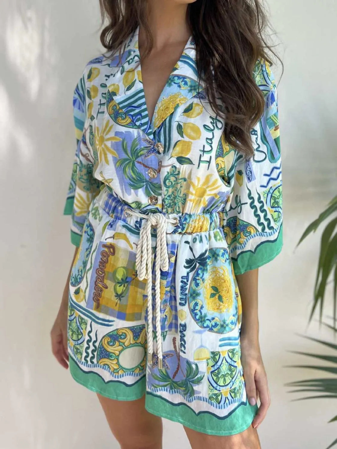 Printed Collared Neck Half Sleeve Romper OutfitFlow