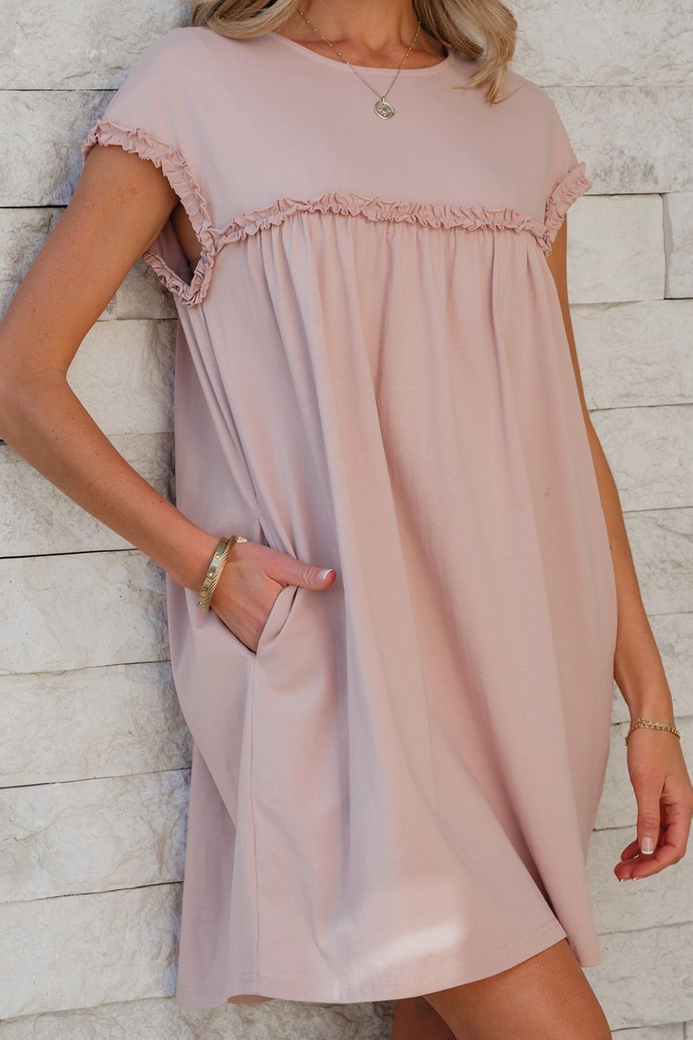 Frilled Trim Crew Neck Cap Sleeve Loose Fit Mini Dress OutfitFlow