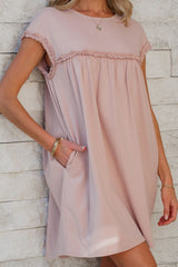 Frilled Trim Crew Neck Cap Sleeve Loose Fit Mini Dress OutfitFlow