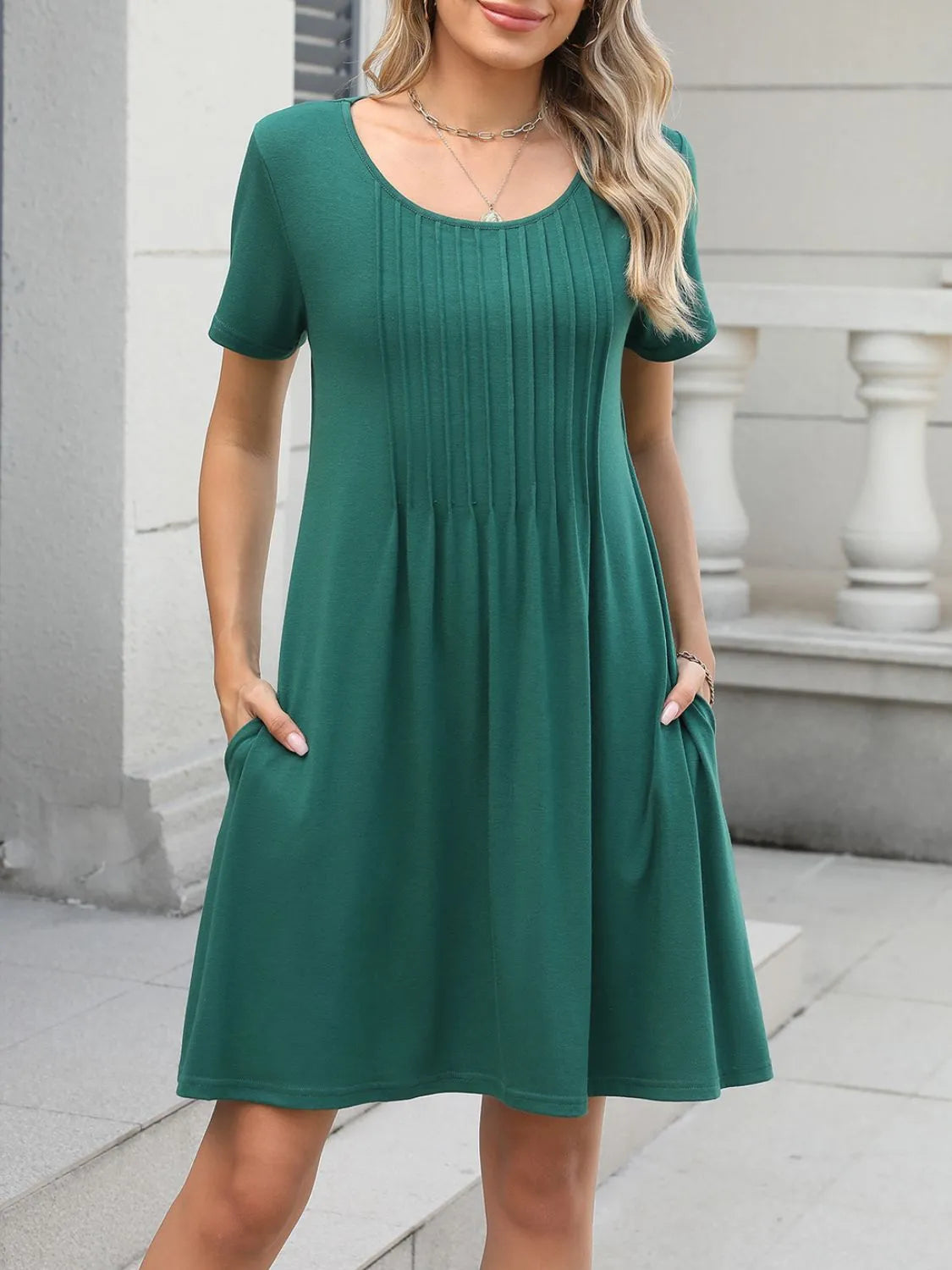 Pleated Front Round Neck Swing Dress OutfitFlow