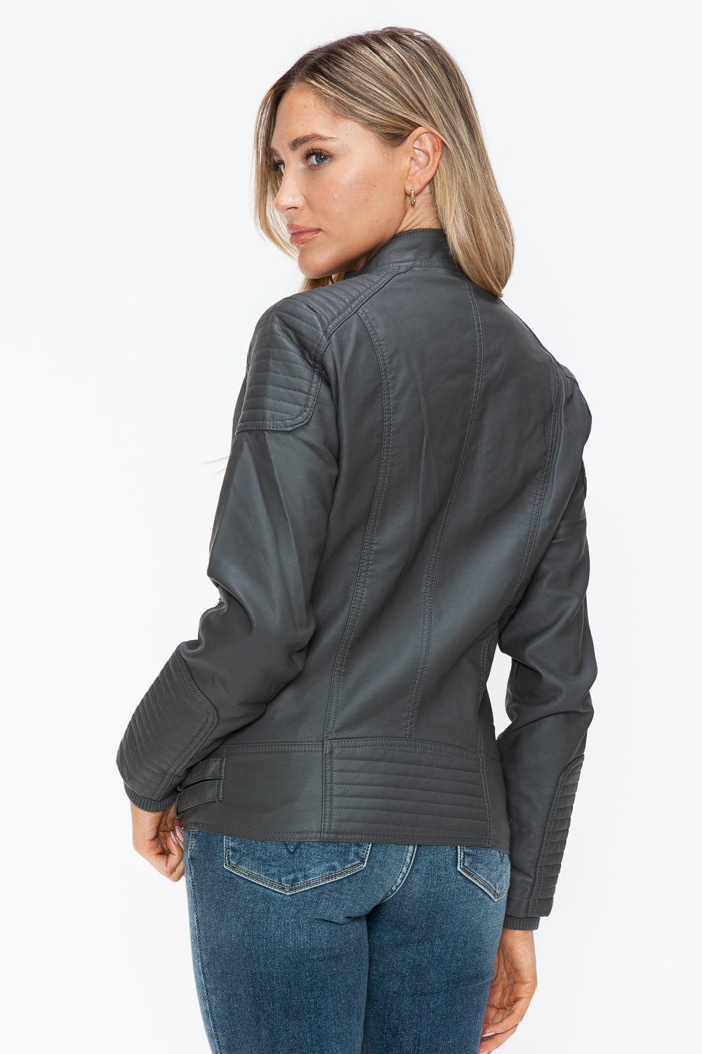 Outfit Flow - Snobbish Faux Leather Biker Jacket with Side Zip Pockets