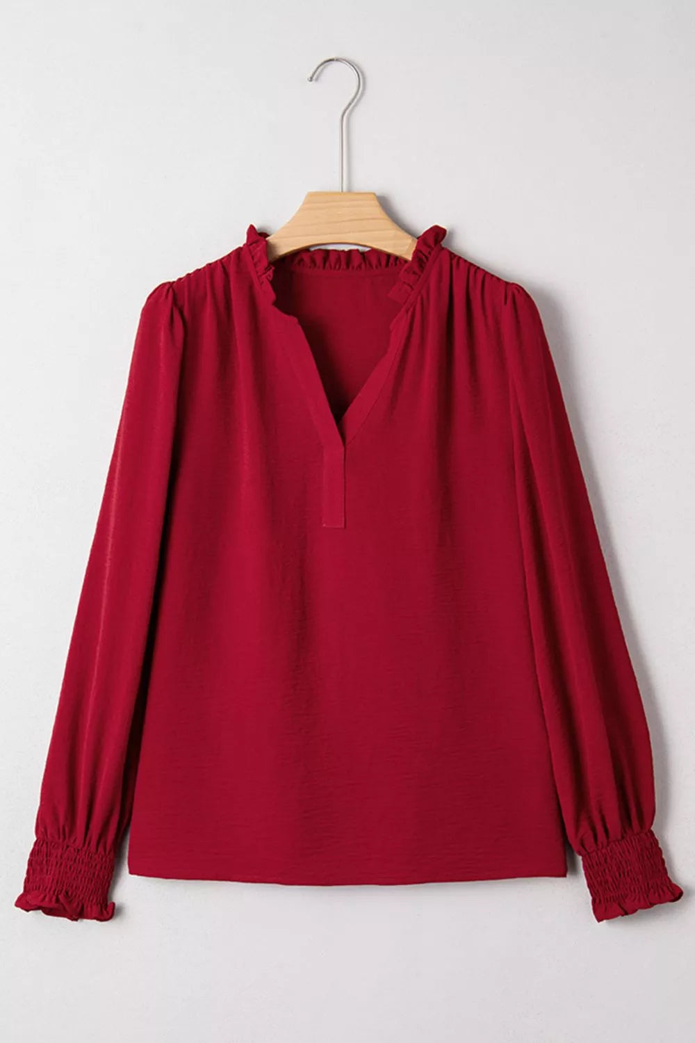 Notched Neck Shirred Cuff Long Sleeve Blouse OutfitFlow