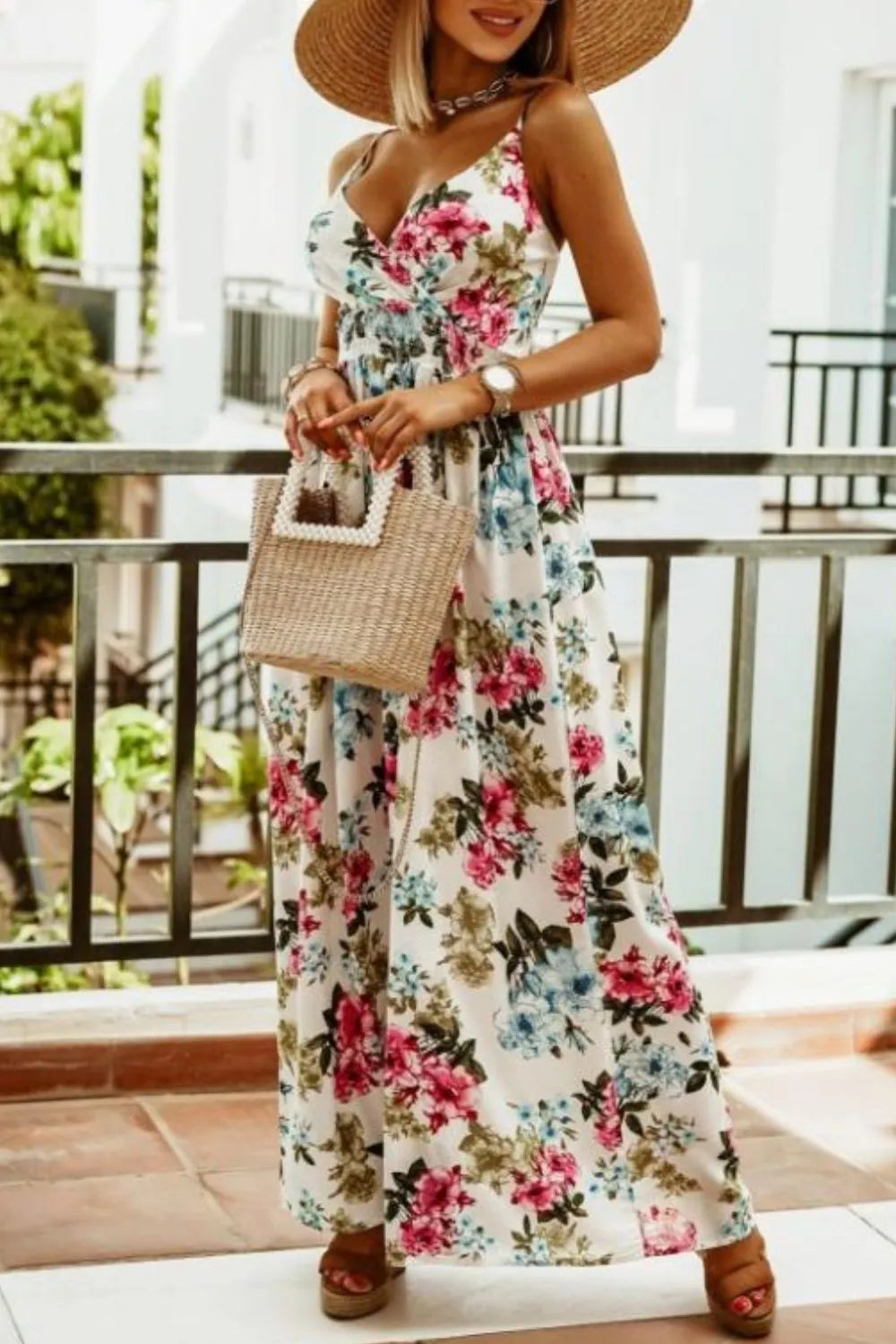 Printed Spaghetti Strap Maxi Dress OutfitFlow