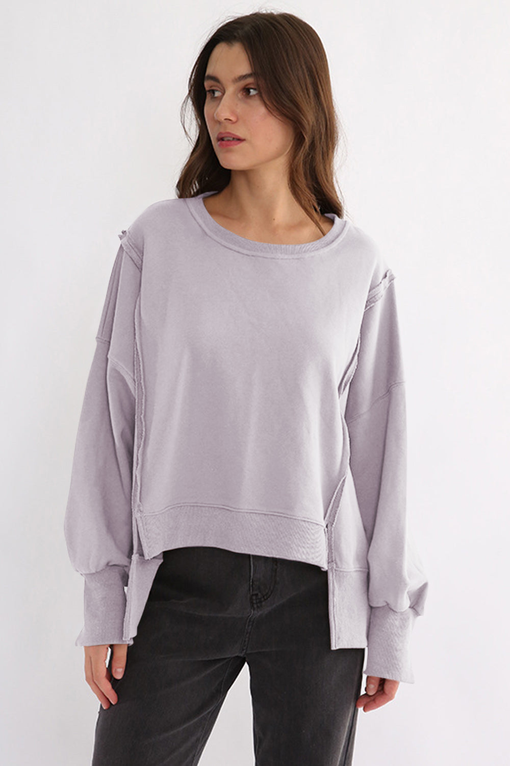 Outfit Flow - Exposed Seam High-Low Long Sleeve Sweatshirt