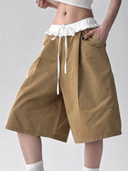 Contrast Waistband Wide-Leg Shorts Khaki OutfitFlow