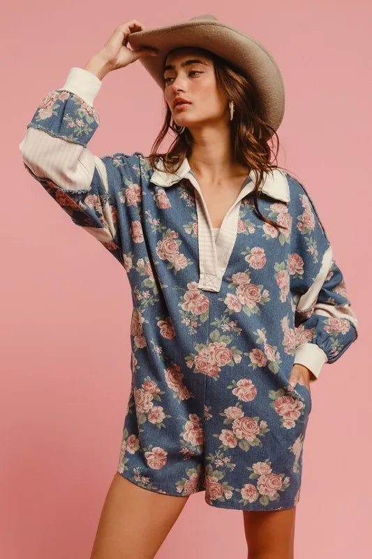 BiBi Washed Floral Denim Romper With Contrast Collar OutfitFlow