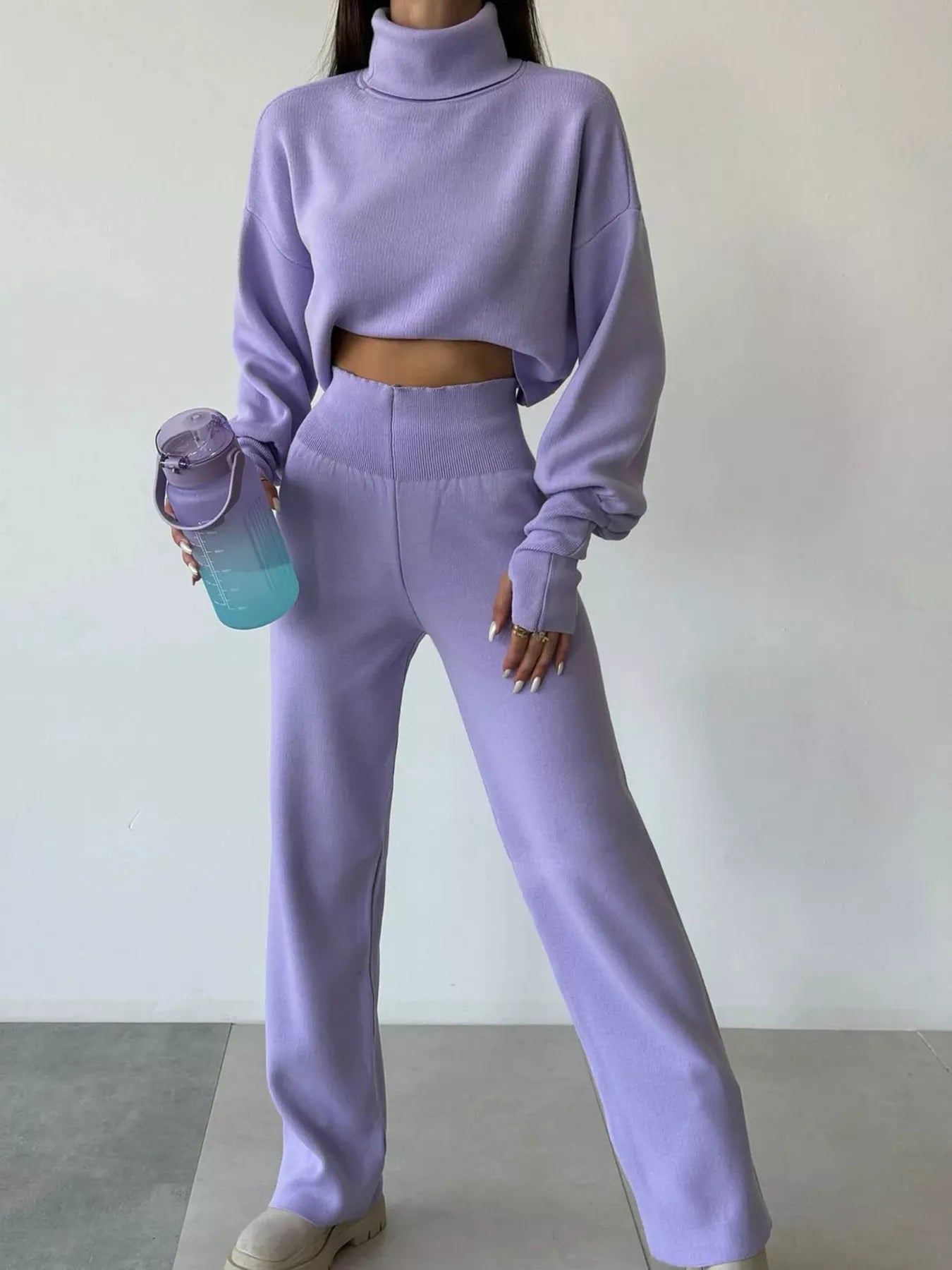 Turtleneck Long Sleeve Top & Pants Set Purple OutfitFlow