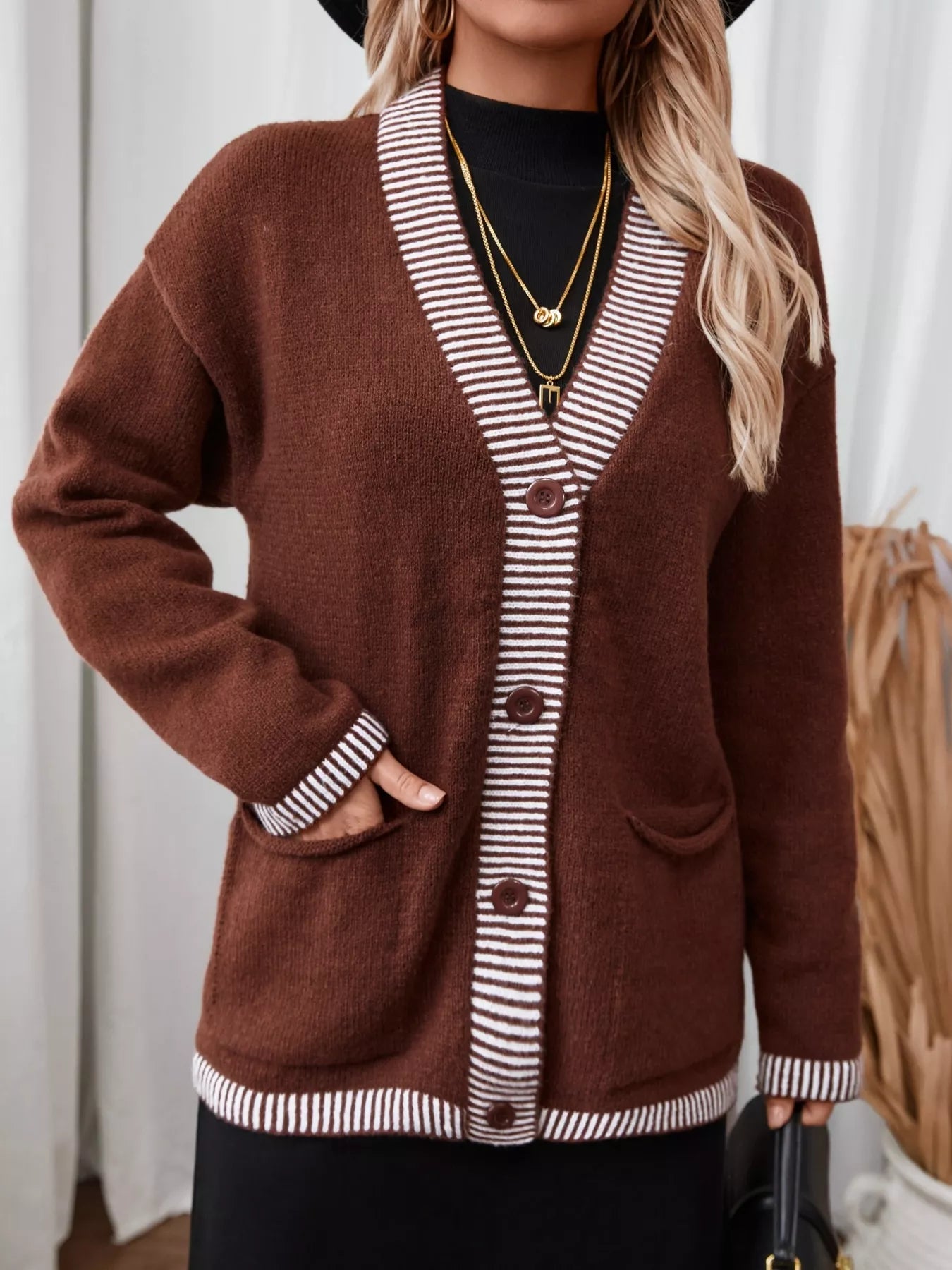 Striped Trim Button Front Pocket Knit Cardigan Brown Trendsi