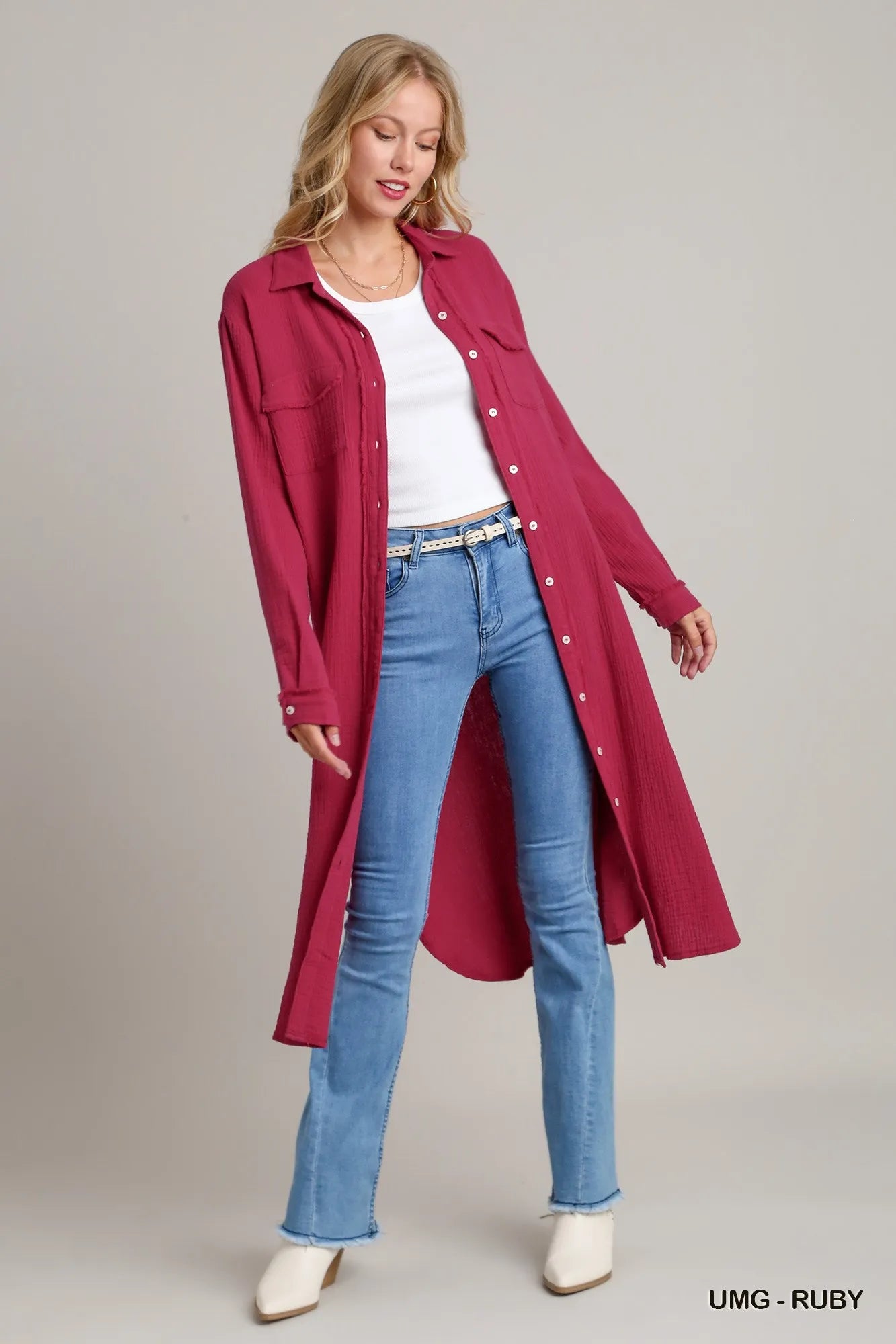 Umgee Cotton Gauze Button Down Shirt Dress Trendsi