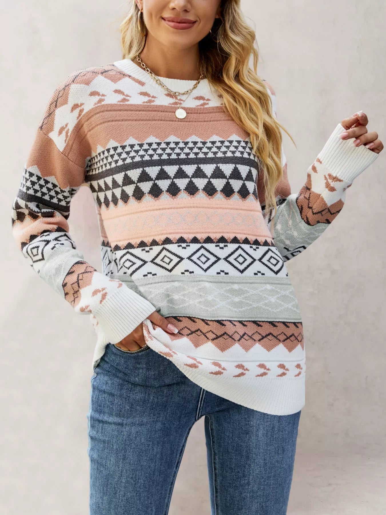 Geometric Pattern Round Neck Sweater OutfitFlow