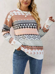 Geometric Pattern Round Neck Sweater OutfitFlow