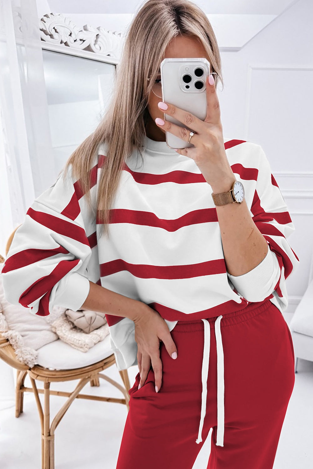 Outfit Flow - Striped Round Neck Long Sleeve Top and Pants Set