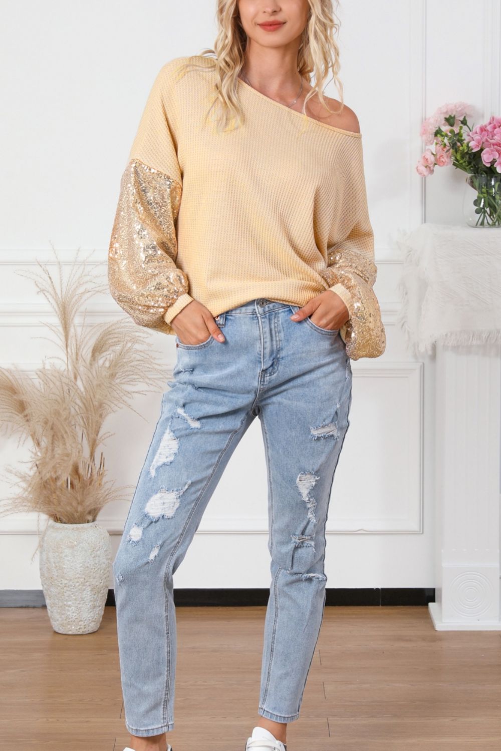 Outfit Flow - Sequin Crisscross Boat Neck Long Sleeve Blouse