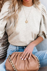Rhinestone Pearl Detail Round Neck Puff Sleeve Top OutfitFlow