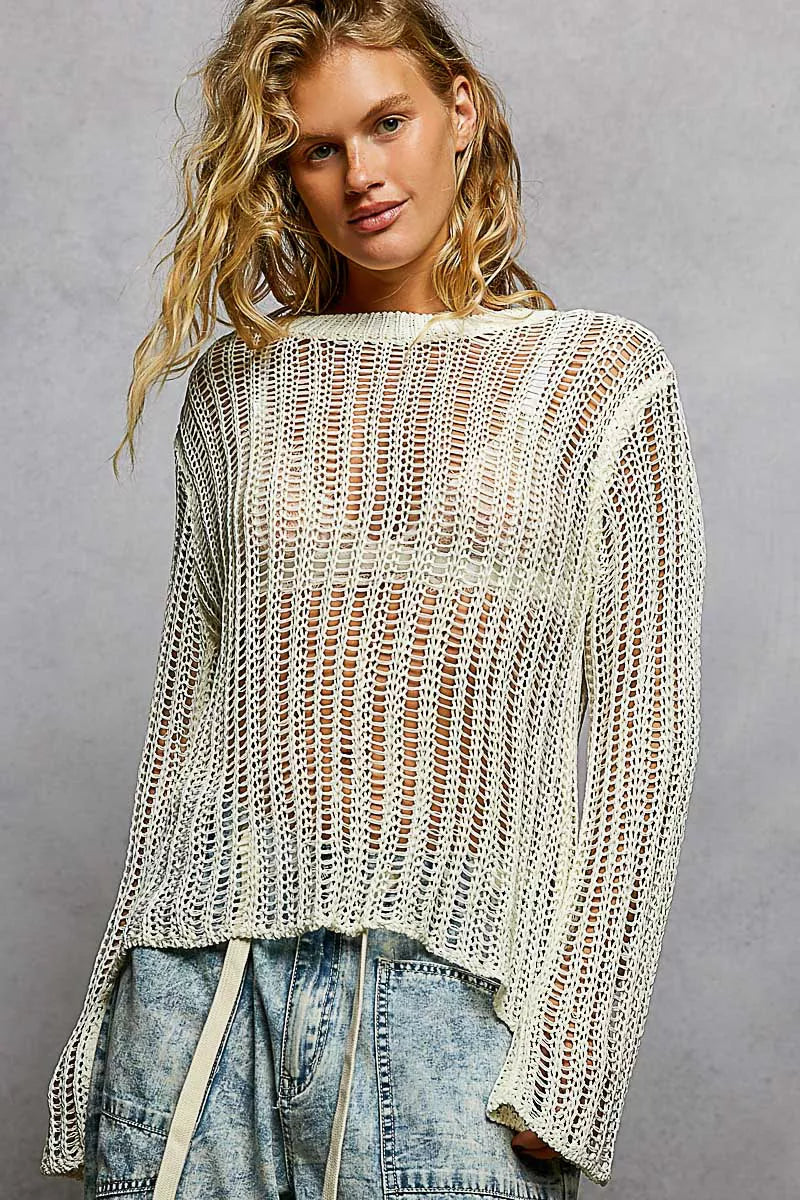 POL Openwork Round Neck Knit Cover Up OFF WHITE OutfitFlow