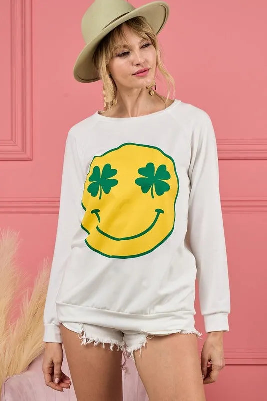 BiBi Smile Face Graphic Round Neck Long Sleeve Top OutfitFlow