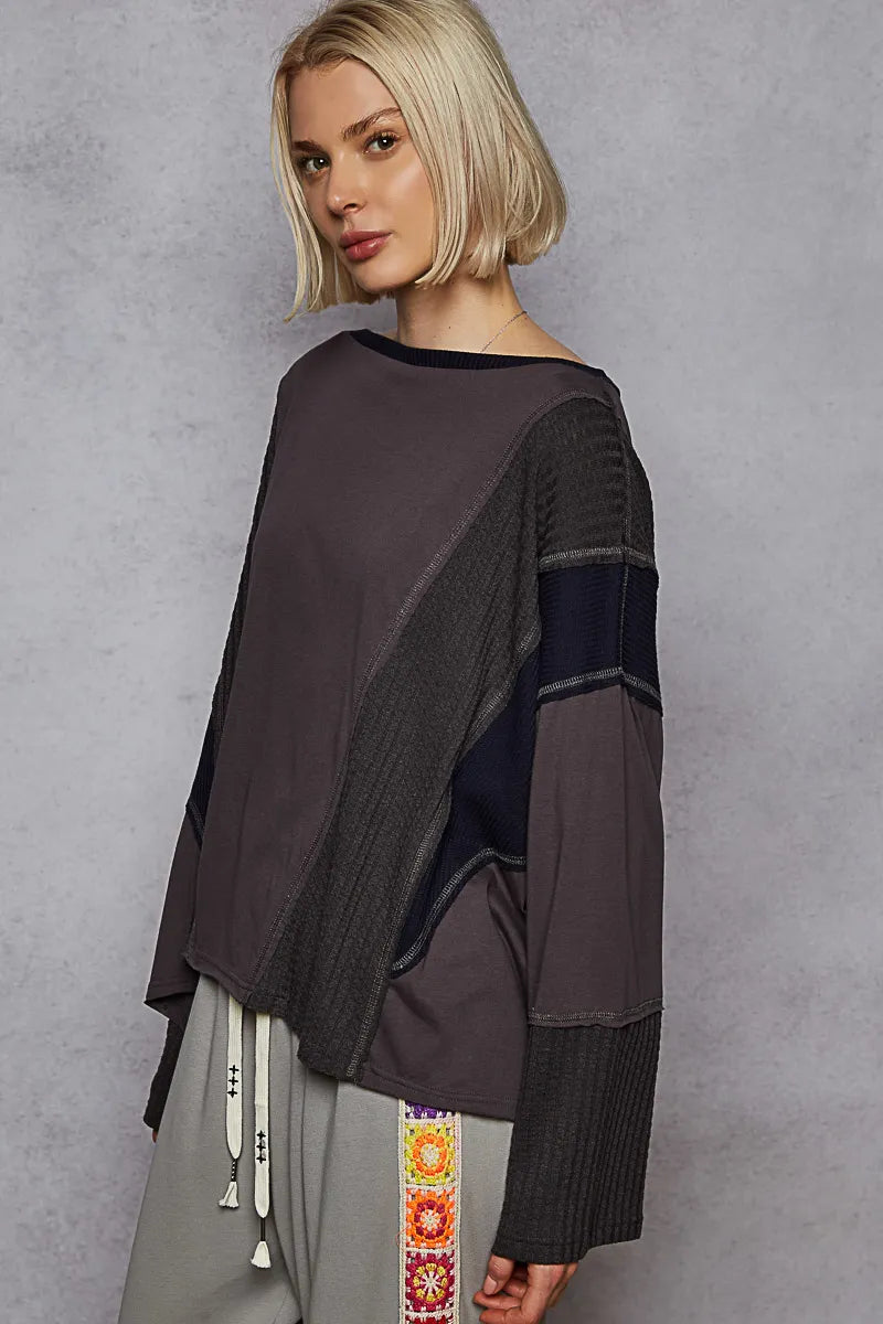POL Contrast Round Neck Long Sleeve T-Shirt OutfitFlow