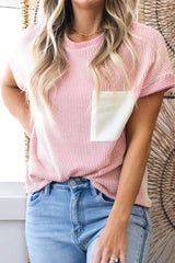 Corded Knit Color Block Pocketed Crew Neck T Shirt Blush Pink OutfitFlow
