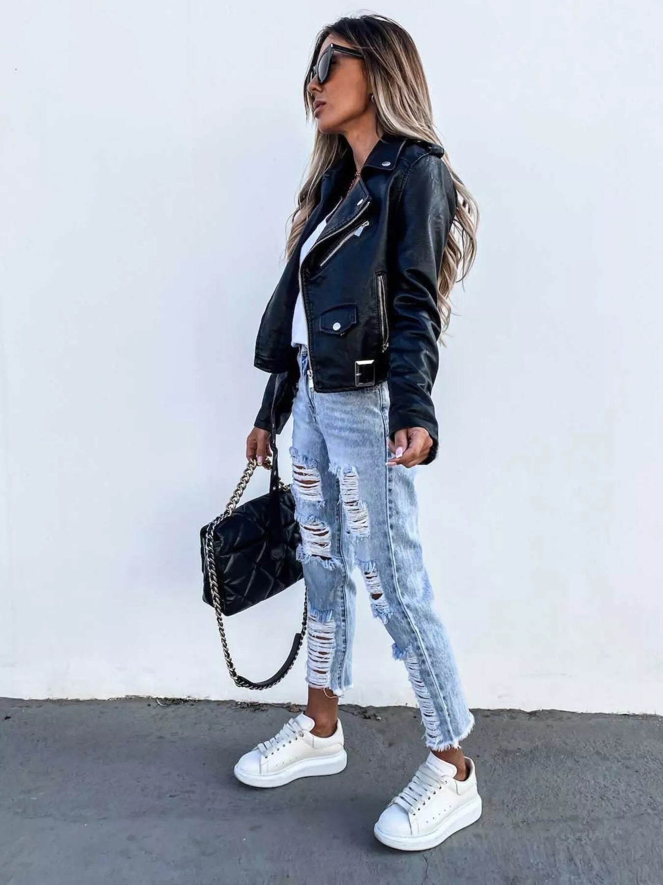 Full Size Zip Up Leather Motorcycle Biker Jacket Plus Size OutfitFlow