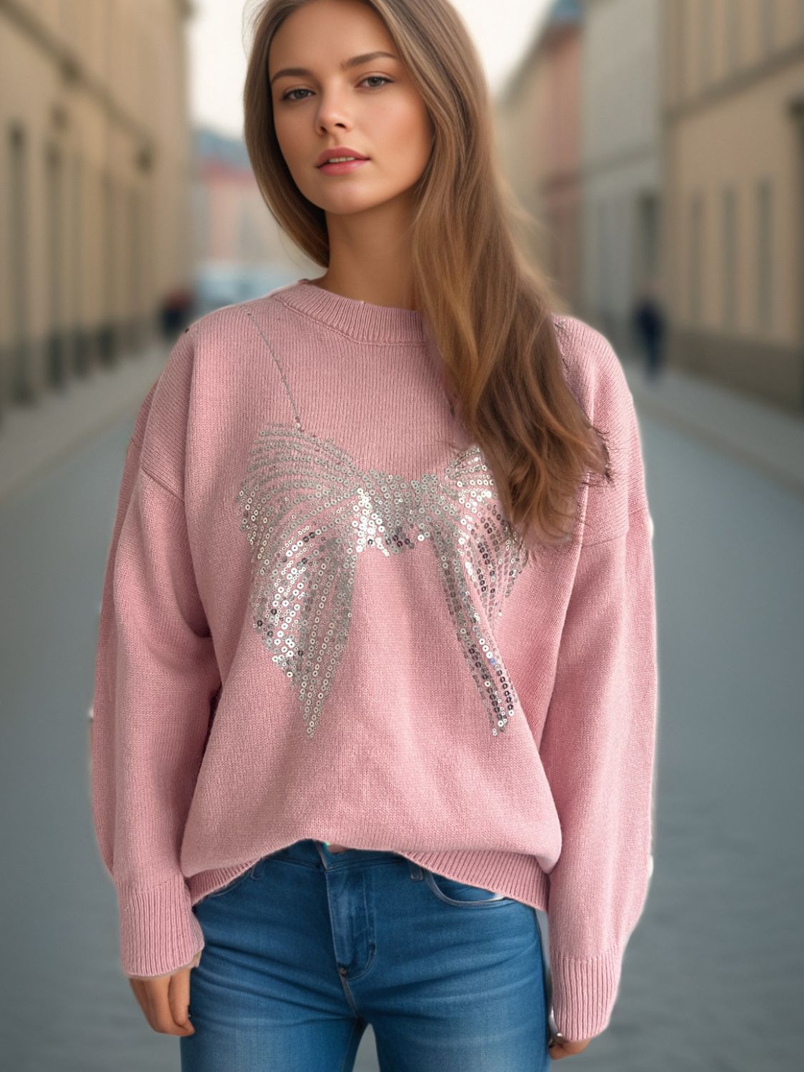 Outfit Flow - Sequin Bow Round Neck Long Sleeve Sweater