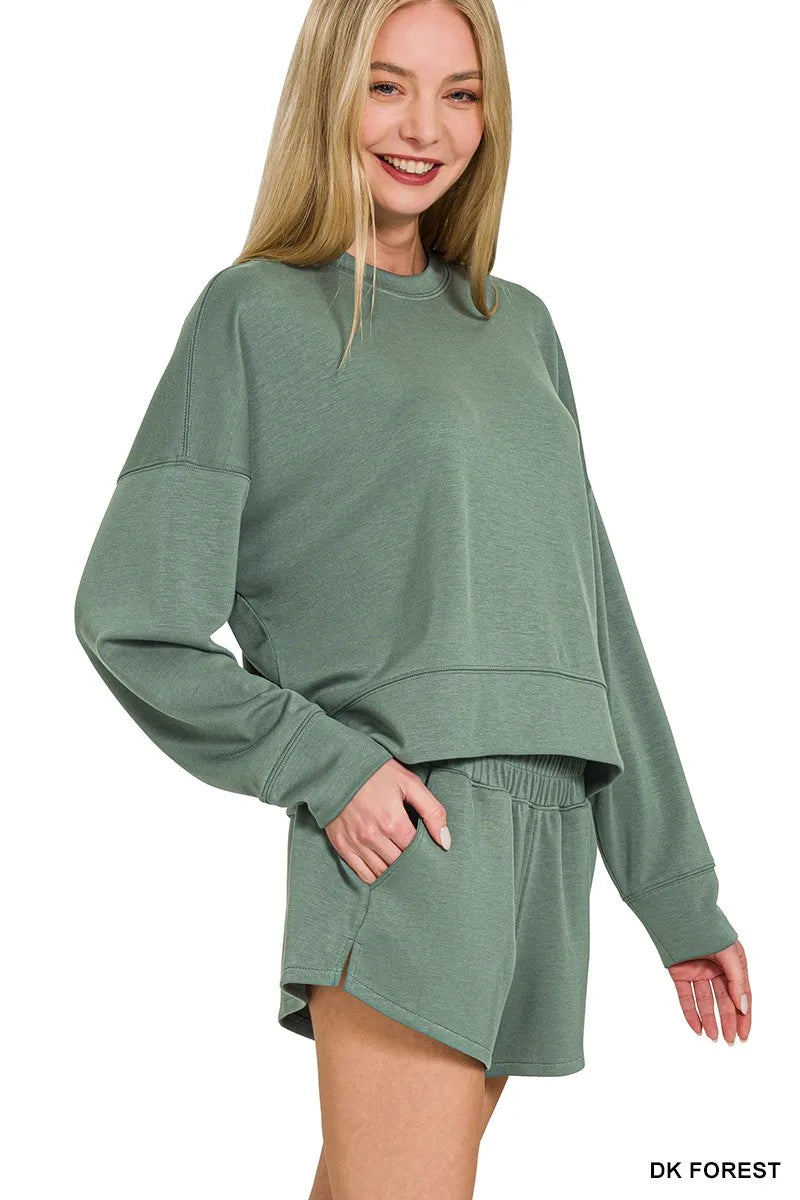 Zenana Scuba Long Sleeve Sweatshirts & Shorts Set OutfitFlow