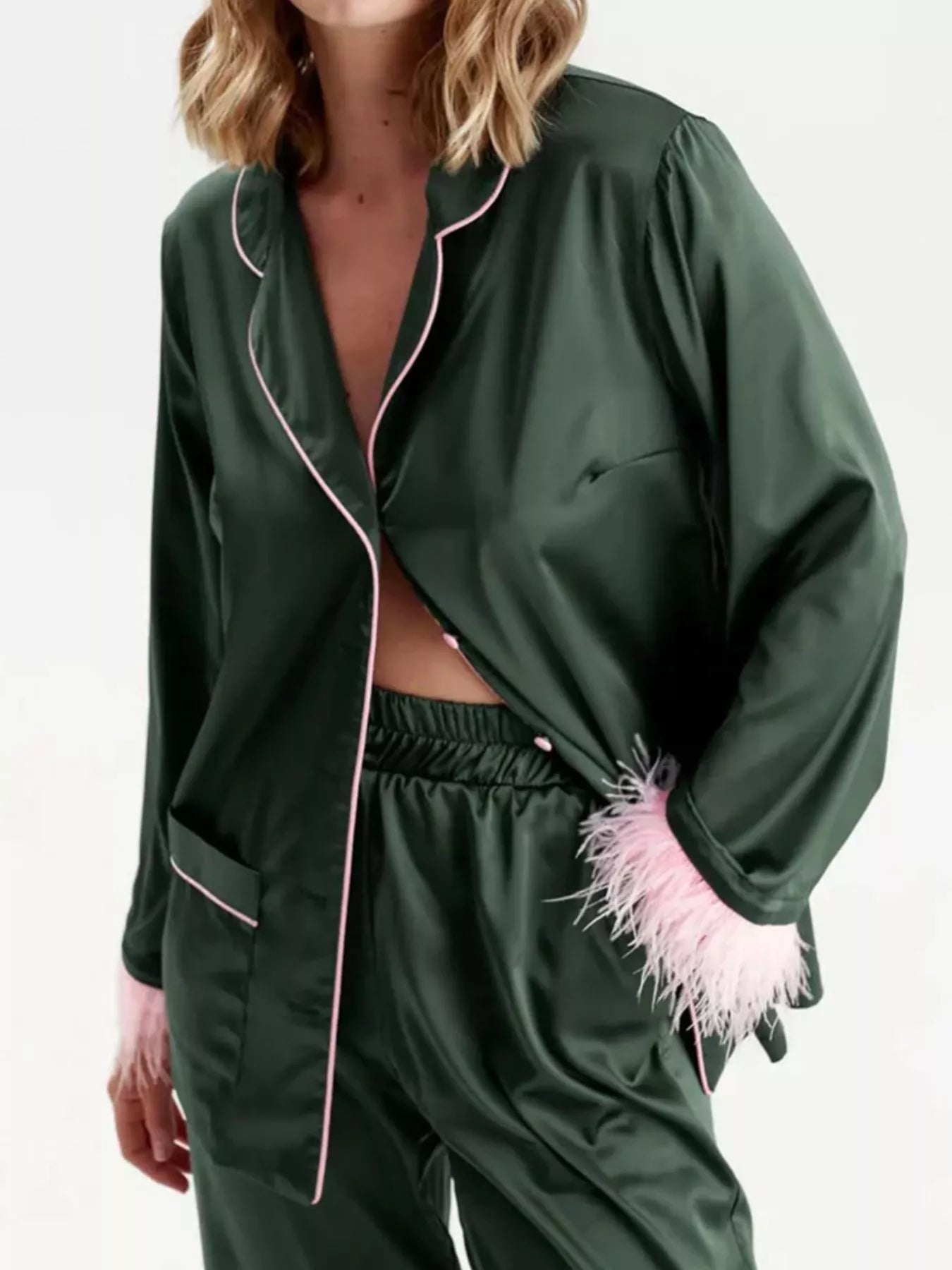 Silky Button Up Top and Pants Lounge Set Sage OutfitFlow