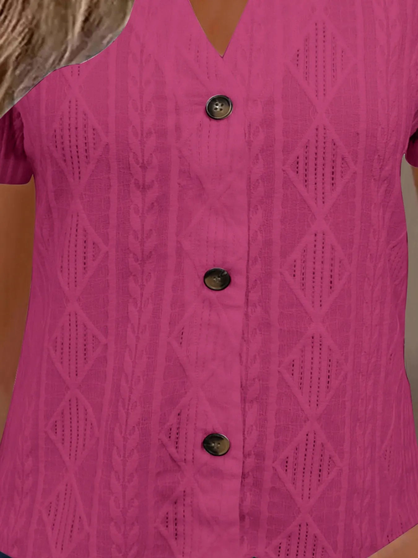 Textured Notched Short Sleeve Blouse OutfitFlow