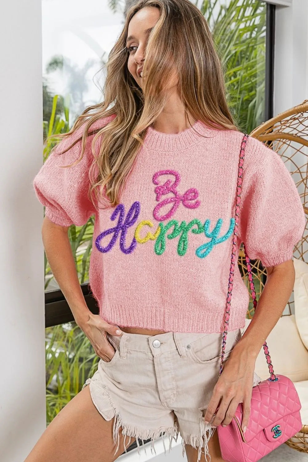 BiBi Metallic Letter Short Puff Sleeve Hairy Sweater PINK OutfitFlow
