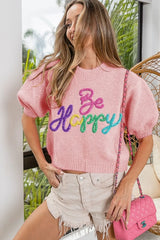 BiBi Metallic Letter Short Puff Sleeve Hairy Sweater PINK OutfitFlow