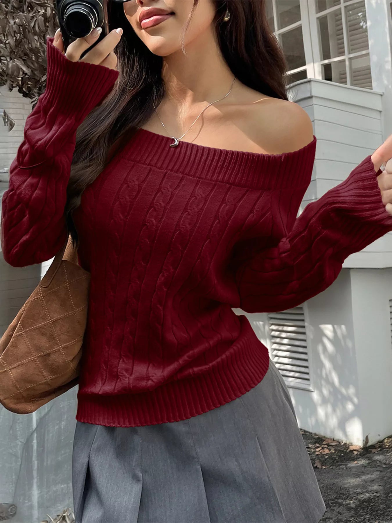 Off-Shoulder Cable Knit Sweater Burgundy OutfitFlow