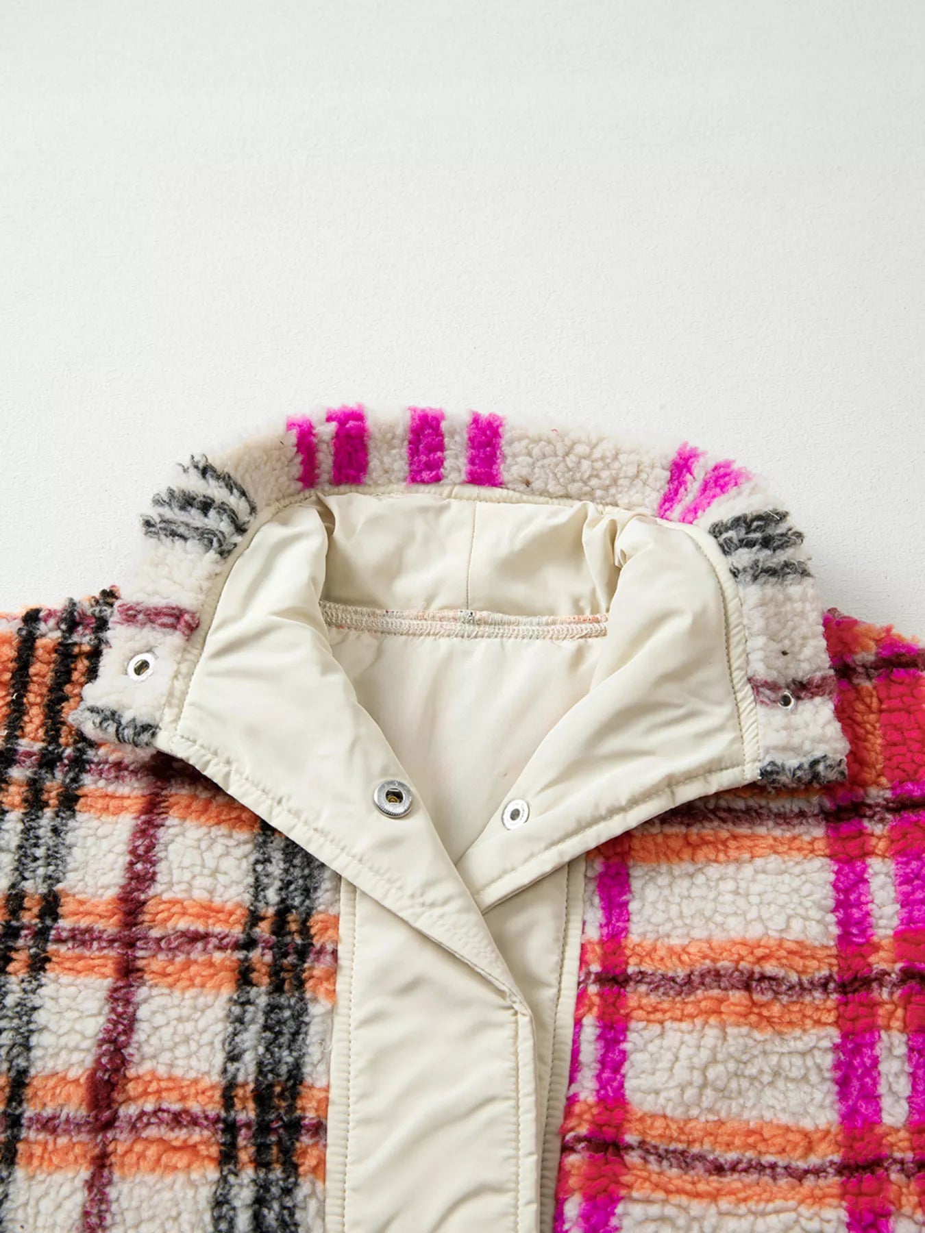 Sherpa Plaid Snap Down Vest Coat Trendsi