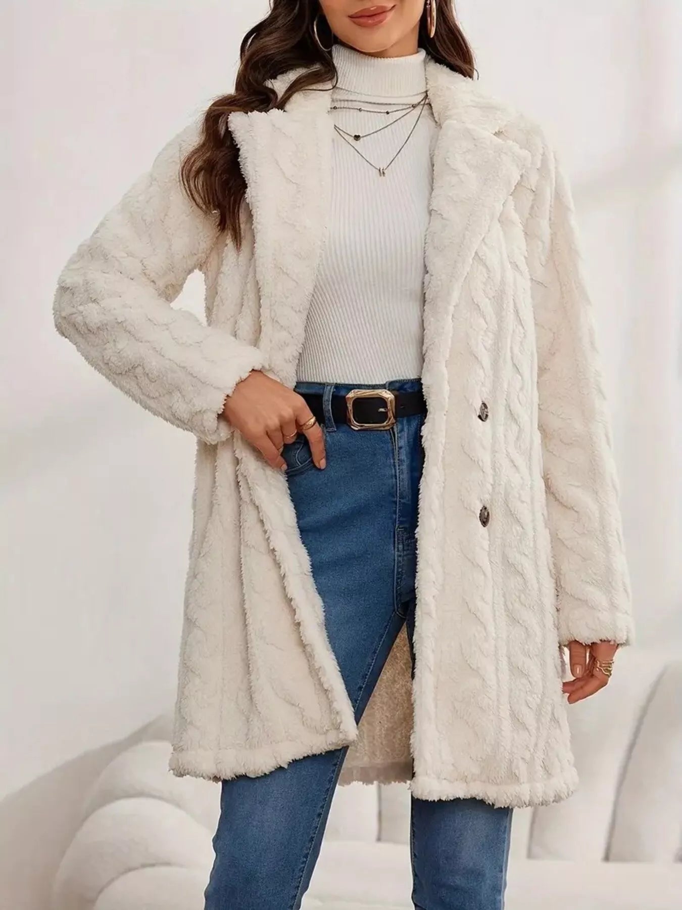 Double-Breasted Fleece Longline Coat OutfitFlow