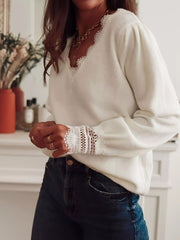 Lace Trim V-Neck Sweater OutfitFlow