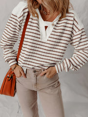 Striped V-Neck Long Sleeve Knit Hoodie OutfitFlow