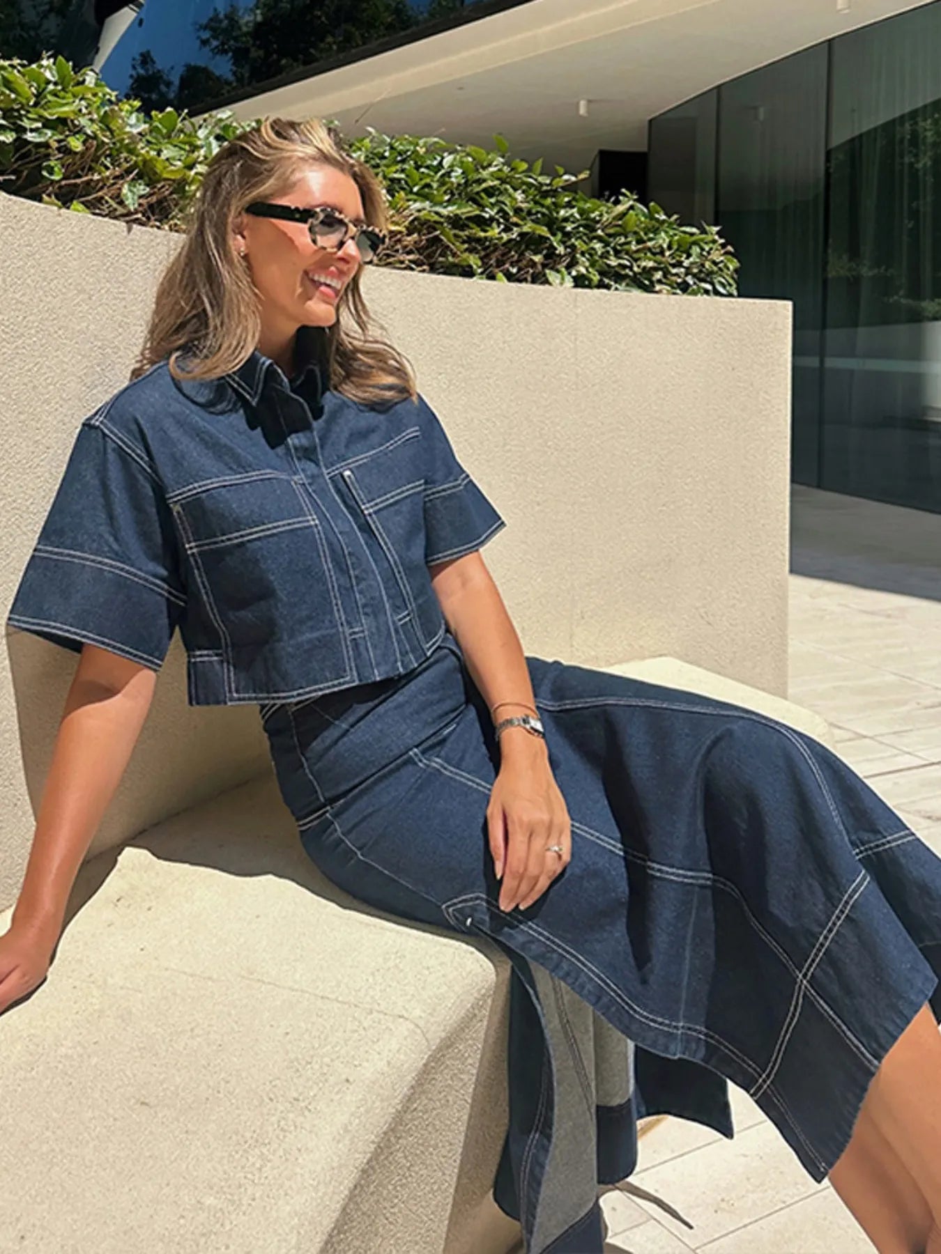 High-Waist Side Slit Contrast Stitch Denim Maxi Skirt OutfitFlow