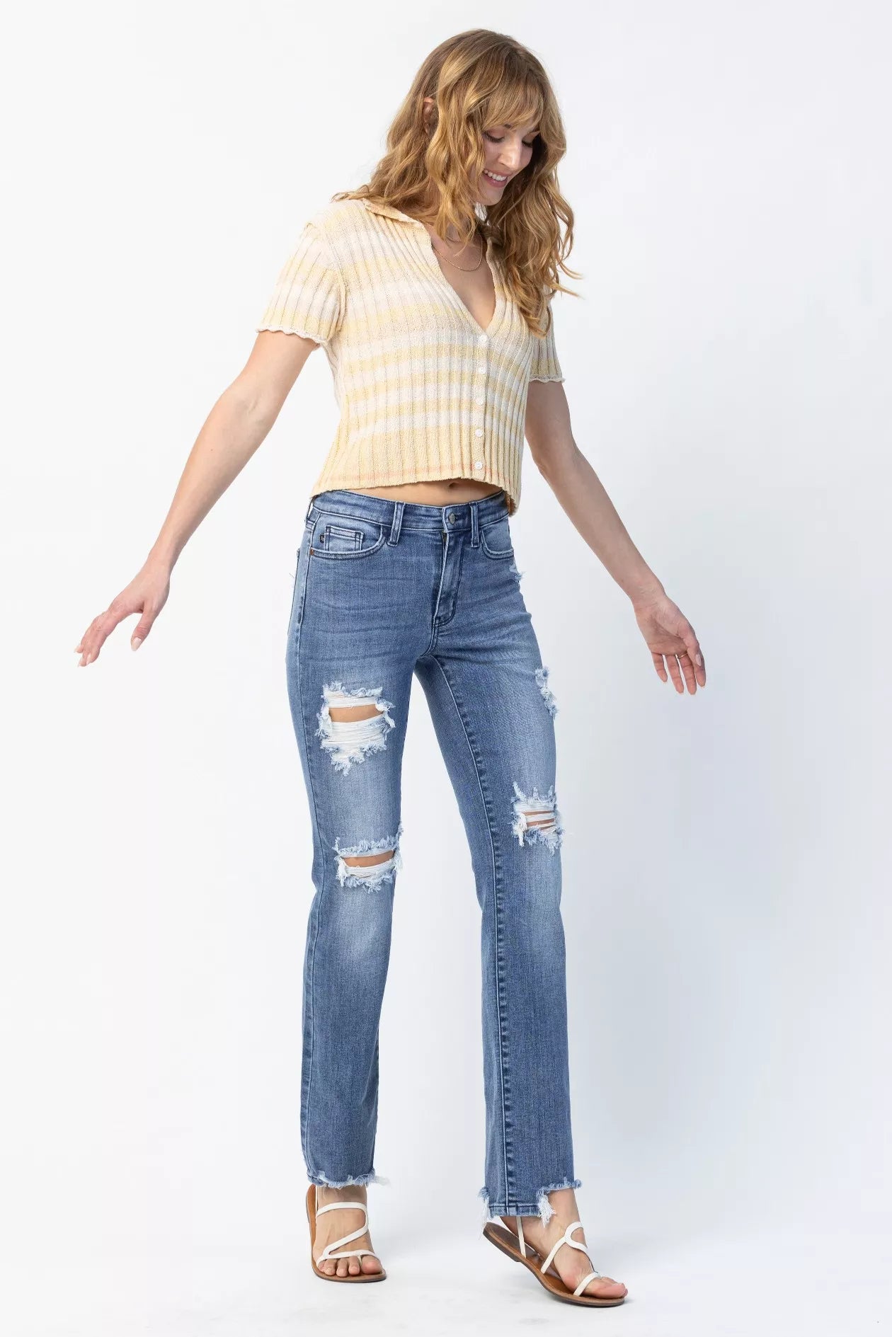 Judy Blue Full Size Mid Rise Destroy Straight Jeans Plus Size OutfitFlow