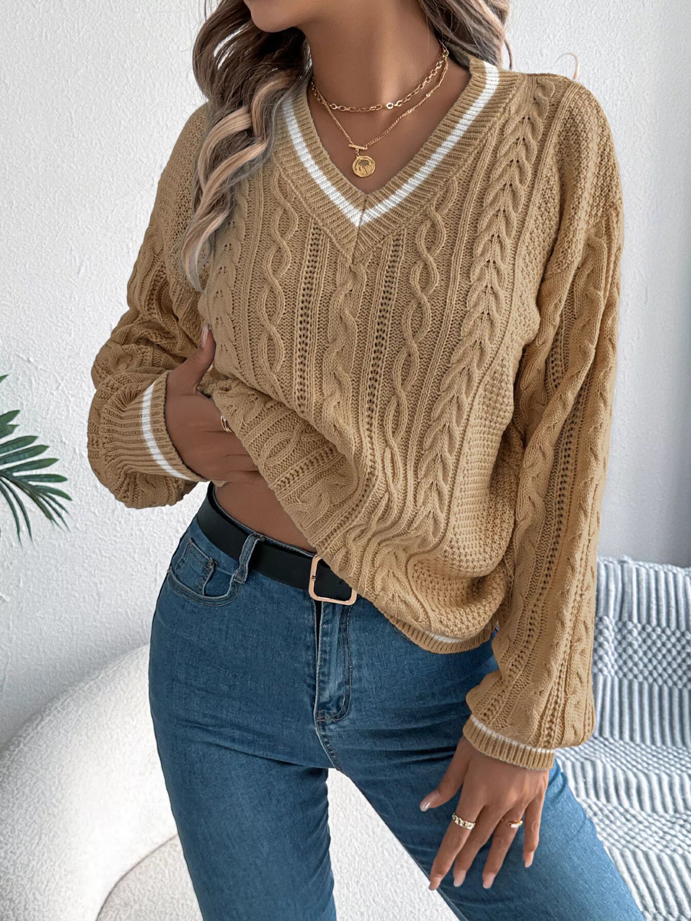 Cable Knit V-Neck Long Sleeve Sweater Khaki OutfitFlow