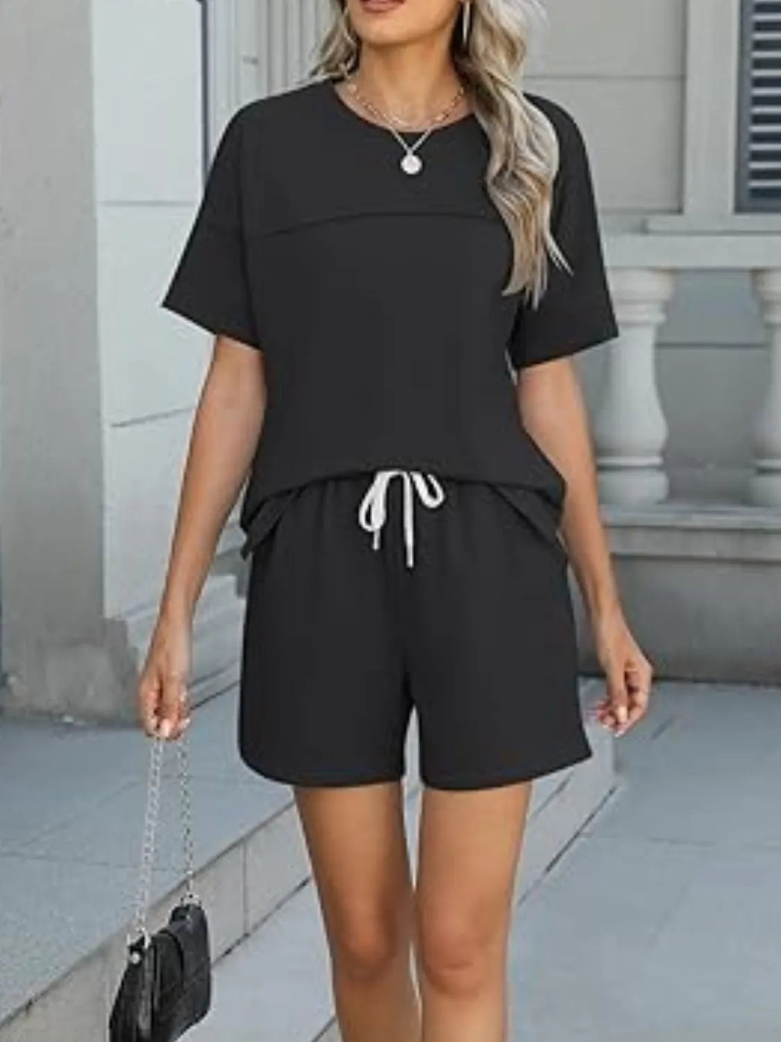 Round Neck Short Sleeve Top and Shorts Set OutfitFlow