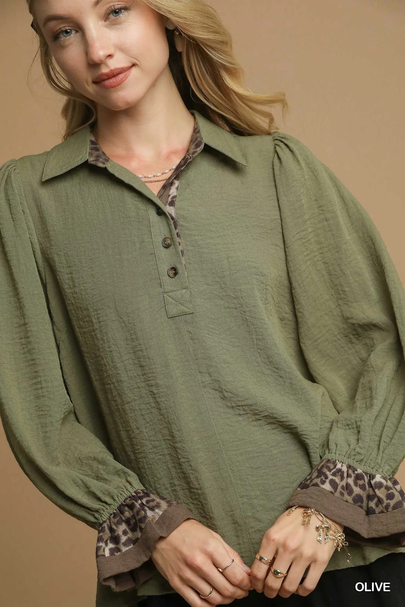 Umgee Half Button Blouse with Leopard Print Trim Trendsi