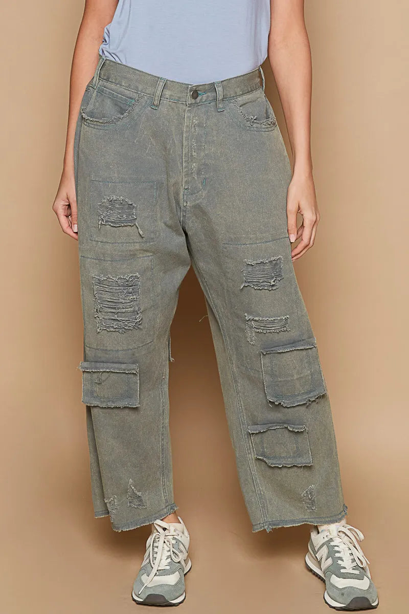 POL Distressed Raw Hem Wide Leg Pants French Blue OutfitFlow